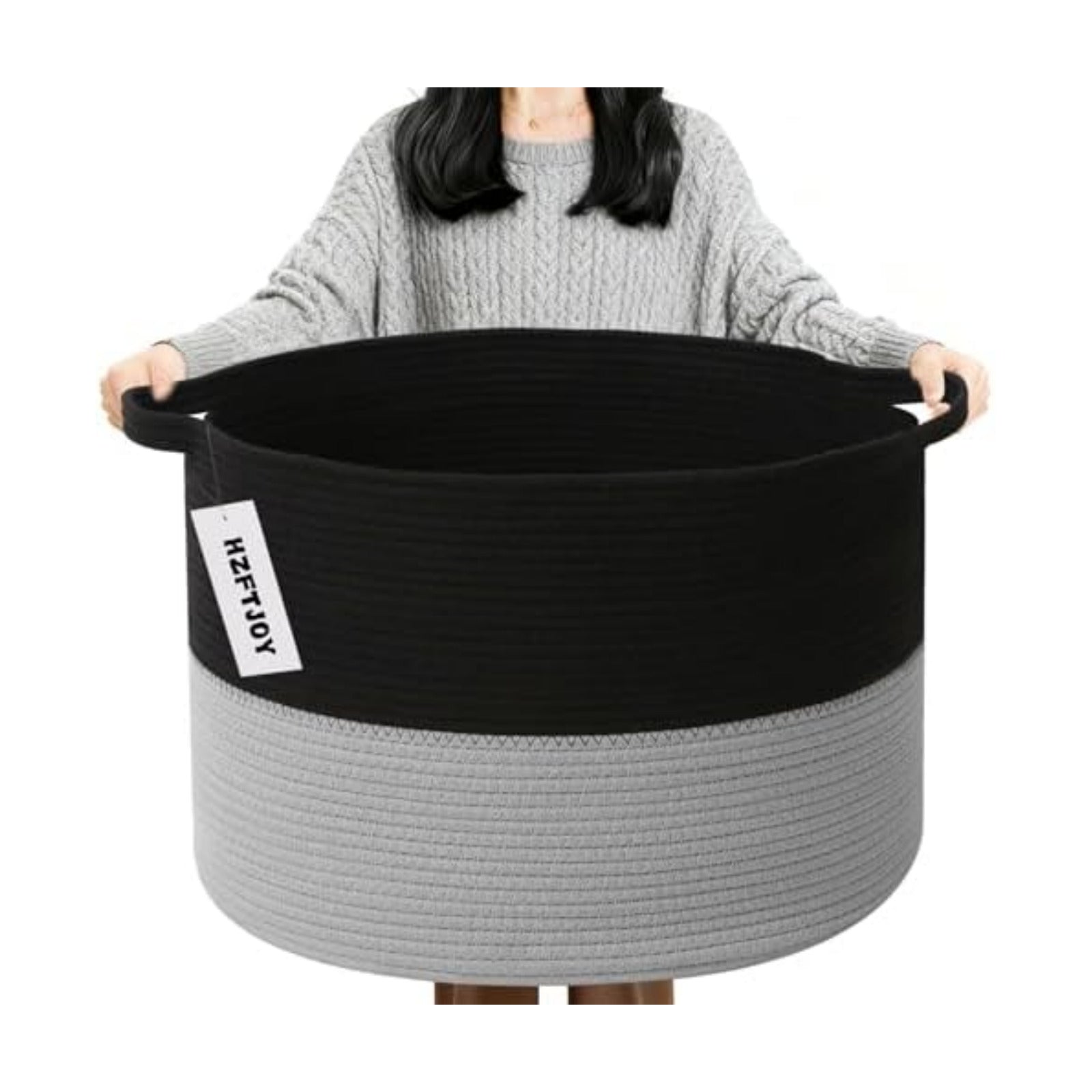 90L Large Blanket Basket,Woven Laundry Basket-Black&Light Grey