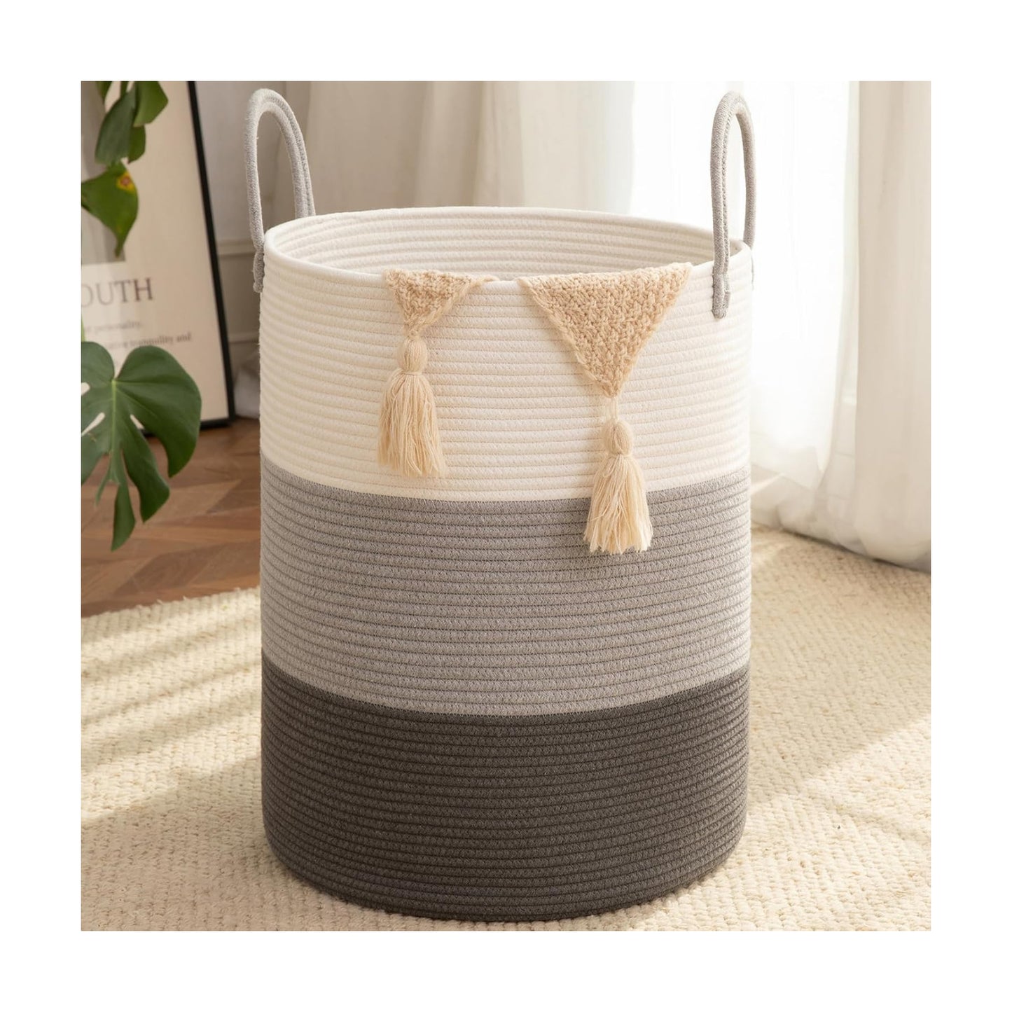 Cotton Rope Woven Basket for Blankets / Gradient Grey / 60L