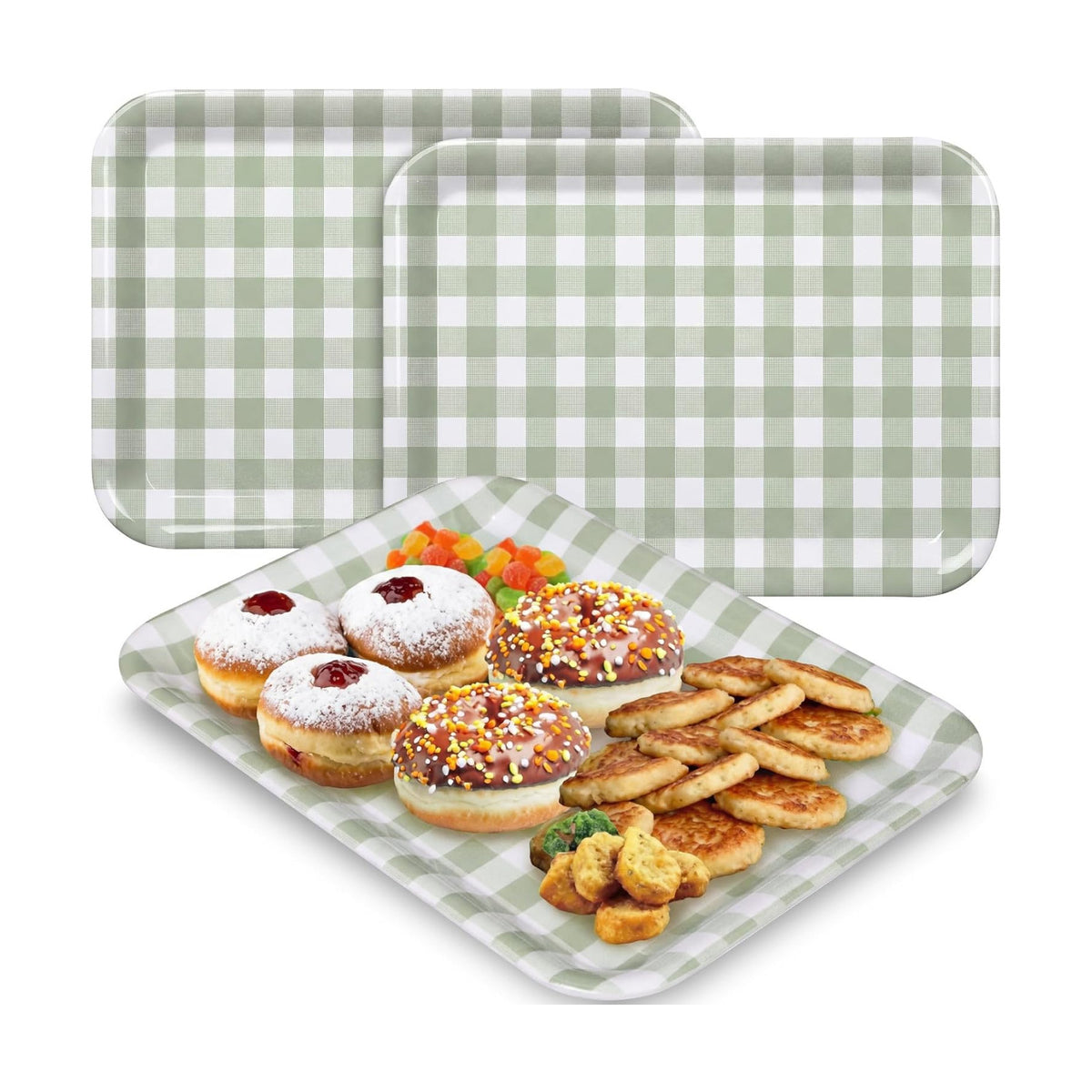 Vesici 3 Pcs Sage Green Gingham Serving Trays 13 x 10 Inch Melamine Platter