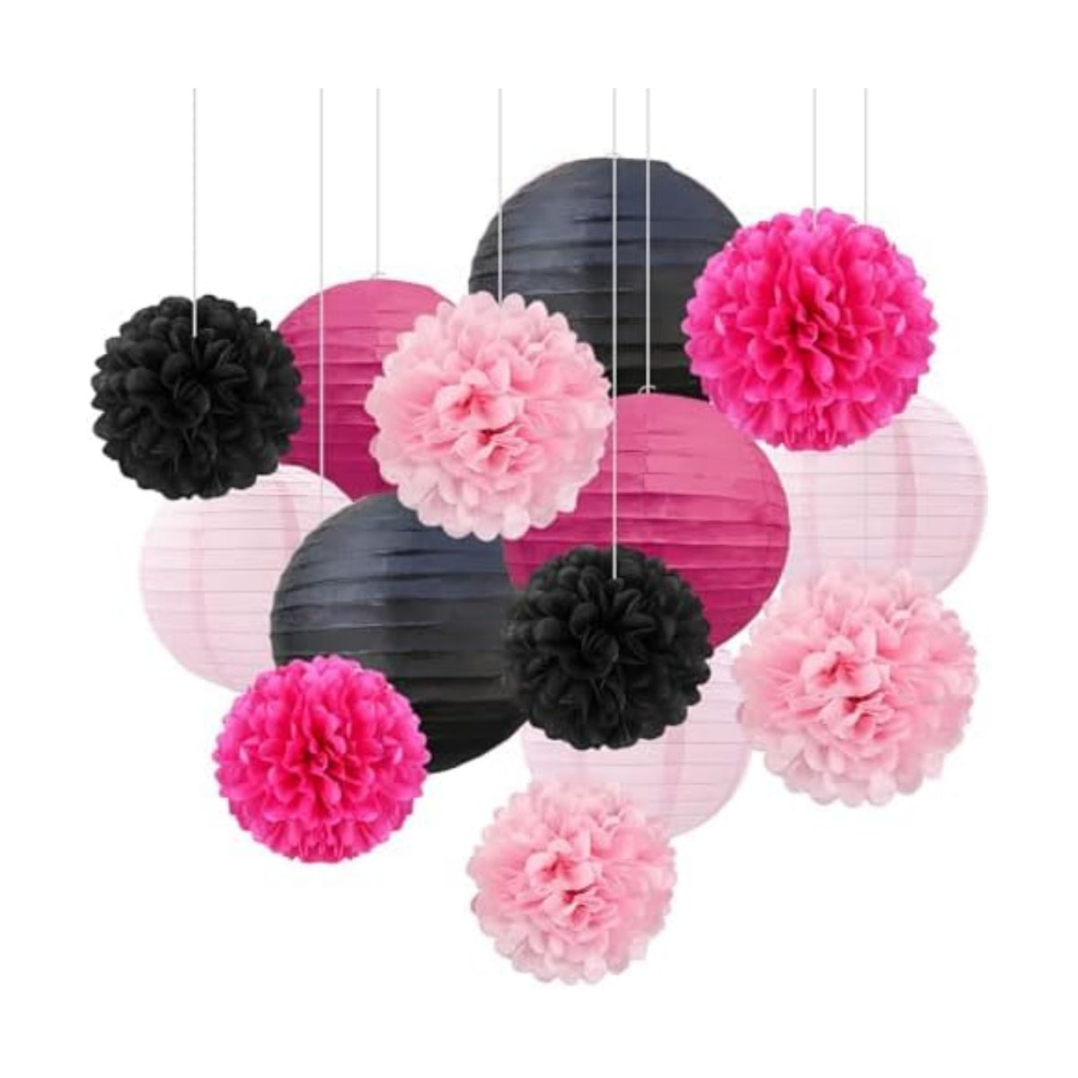 18 PCS Black Pink Paper Lanterns & Tissue Paper Pom Poms for Girls Birthday, Baby Shower, Wedding, Bridal Shower, Hanging Paper Decor for Indoor Outdoor Events Party Supplies