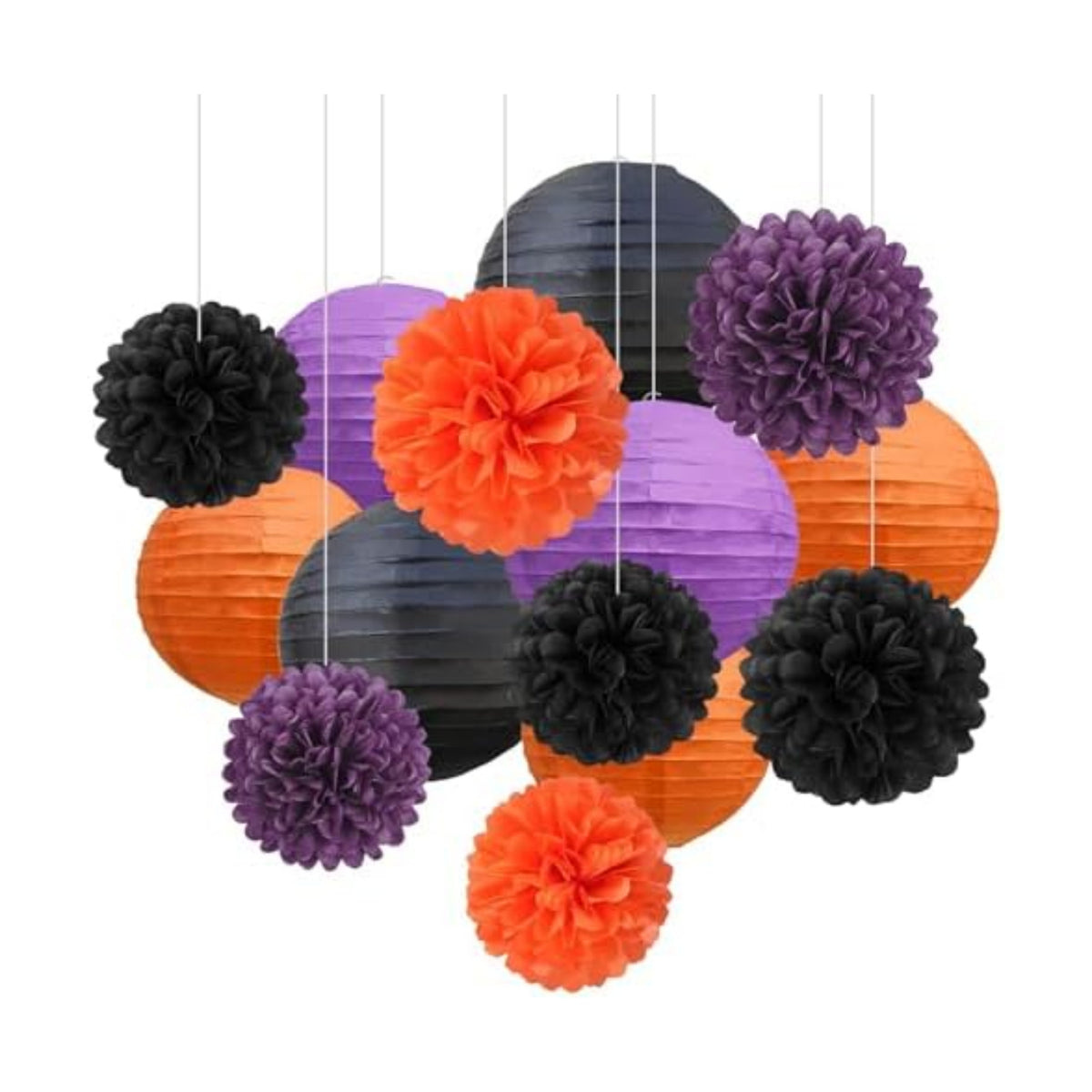 18 PCS Black Orange Purple Paper Lanterns & Tissue Paper Pom Poms for Halloween Birthday, Wedding, Hanging Paper Party Decoration Set for Indoor Outdoor Fall Celebration