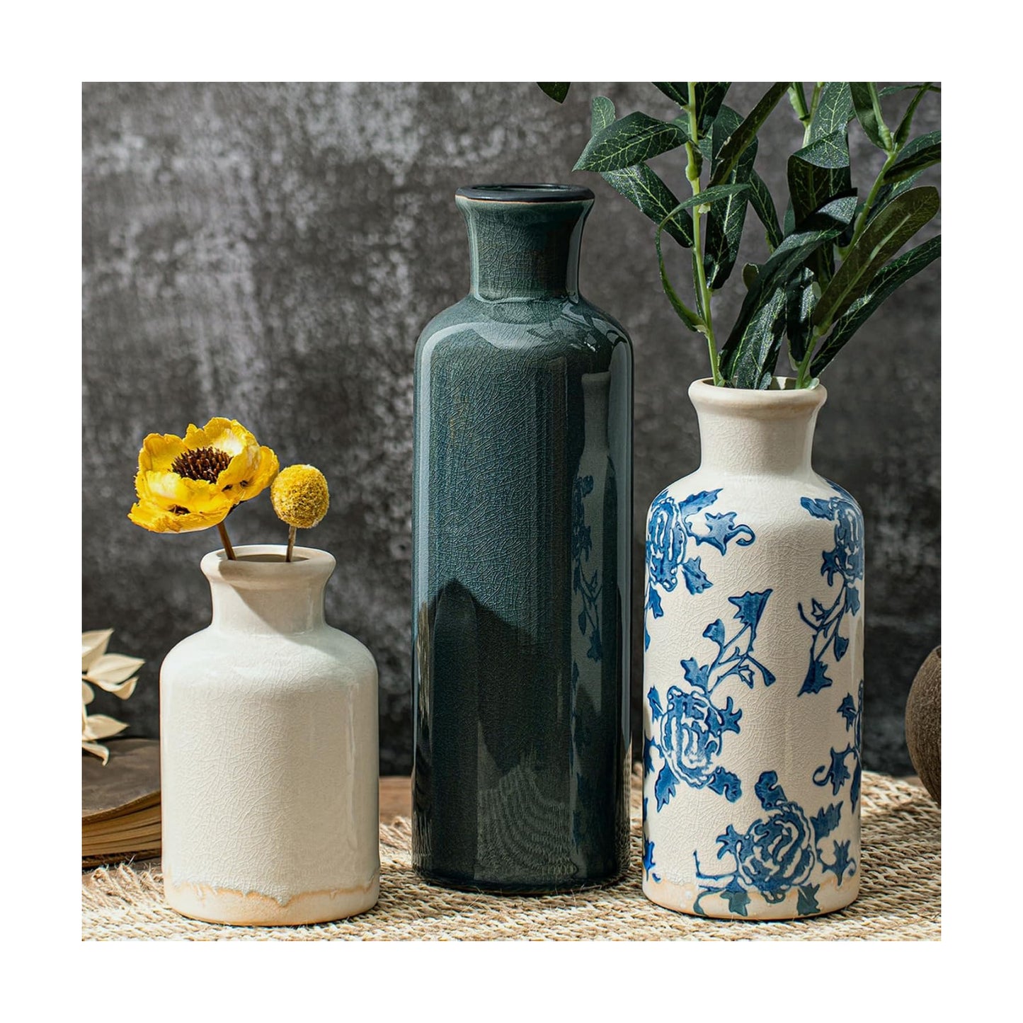 Rustic Farmhouse Vase / 102-blue and White / Set of 3