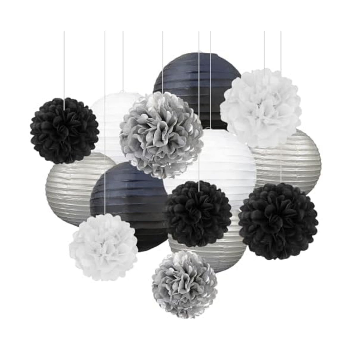 18 PCS Black White Silver Paper Lanterns & Tissue Paper Pom Poms for Men's Birthday, Graduation 2026, Wedding, Hanging Paper Decor for Indoor Outdoor Events Theme Party Supplies