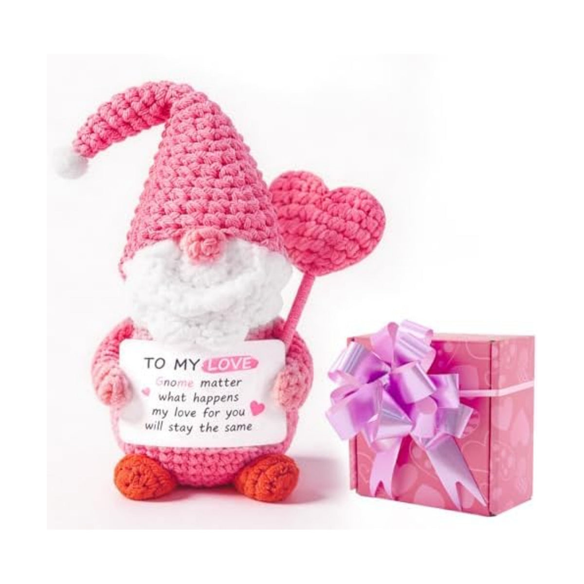 to My Love Crochet Gnome, Handmade Pink Romantic Gnome Decor for Valentines Day Anniversary Graduation, Emotional Support Desk with Love Message Card, Pink Heart Gnome Gift for Her