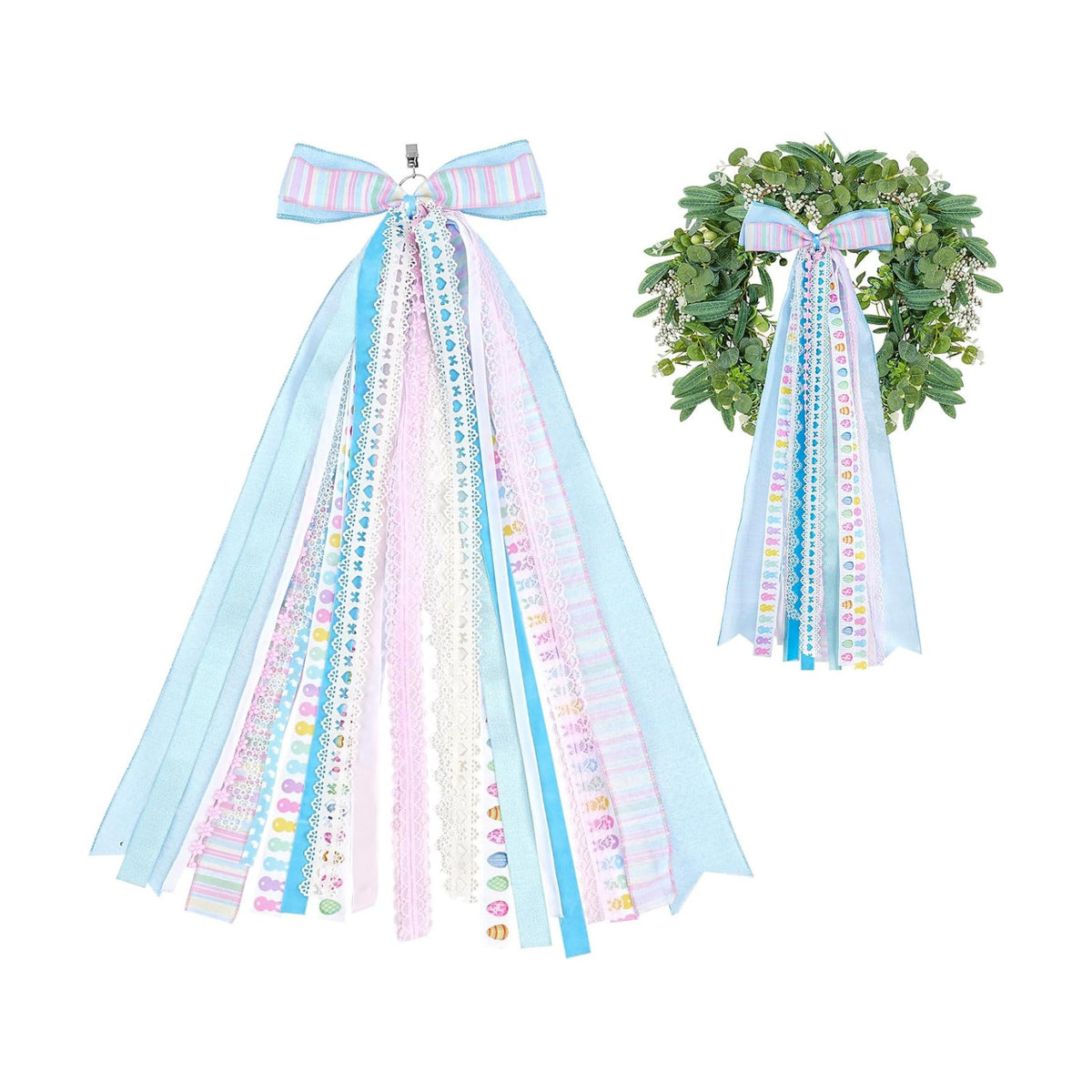 Wreath Sash Ribbon Bow Blue Bows Bunny Egg Wreath Bow Clip-On Wreath Sash for Front Door Spring Holiday Wreath Wall Indoor Outdoor Party Holiday Decorations