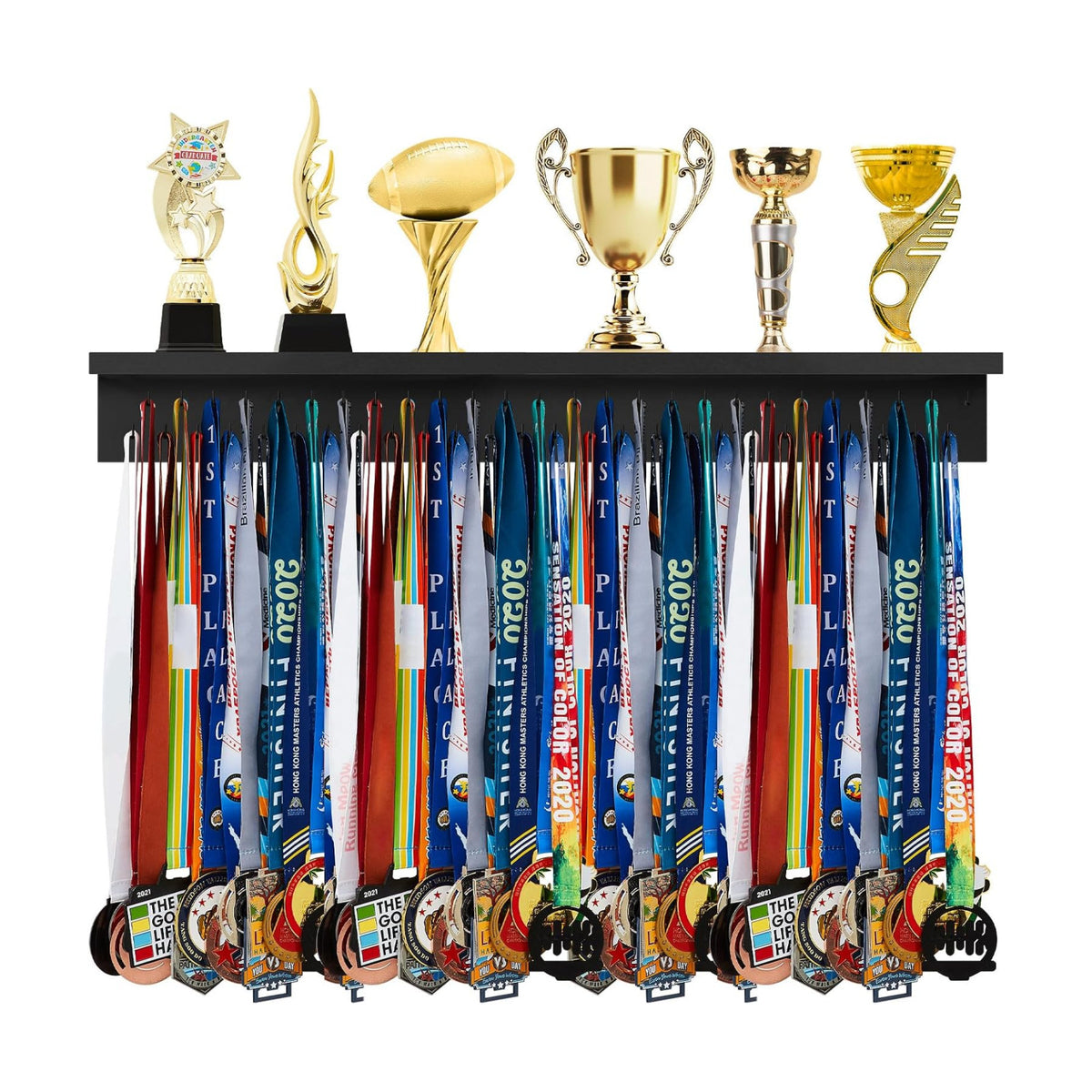 Wooden Medal Hanger Display Trophy Holder Shelf with 25/37/49/65/83 Hooks Wall Mount Ribbon Holder Gift for Gymnastics