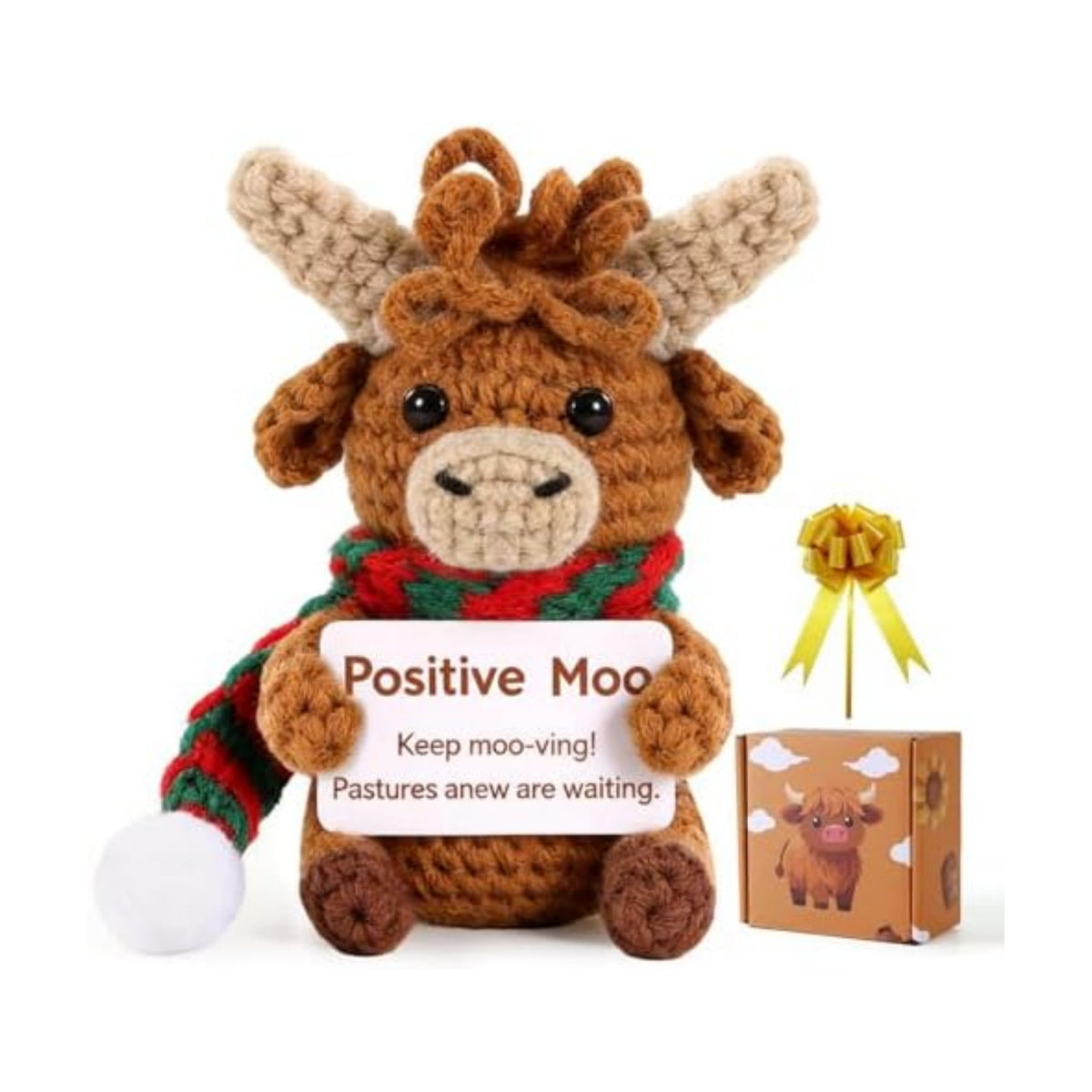 Positive Crochet Highland Cow Gifts with Positive Messages& Box, Emotional Support Crochet Animals of Desk Decor for Dad Father Day Men Women Coworker Friends, Crochet Cow Gifts for Birthday