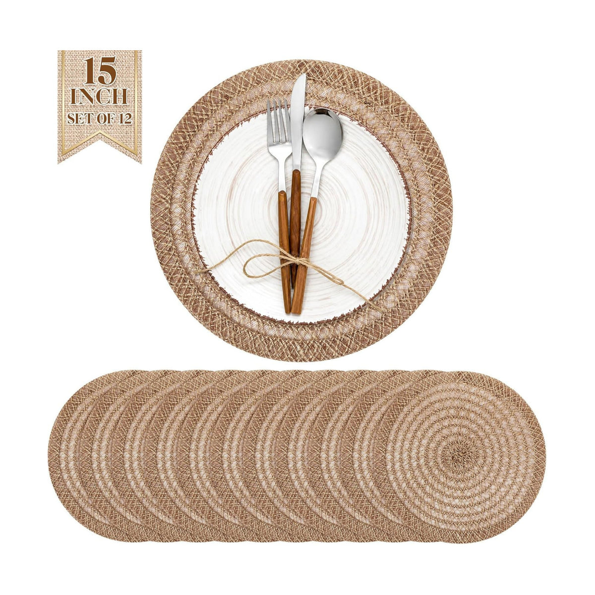 15 Inch Round Woven Placemats Set of 12 Burlap Boho Jute Charger Bulk Rustic Vintage Natural Brown Heat Resistant