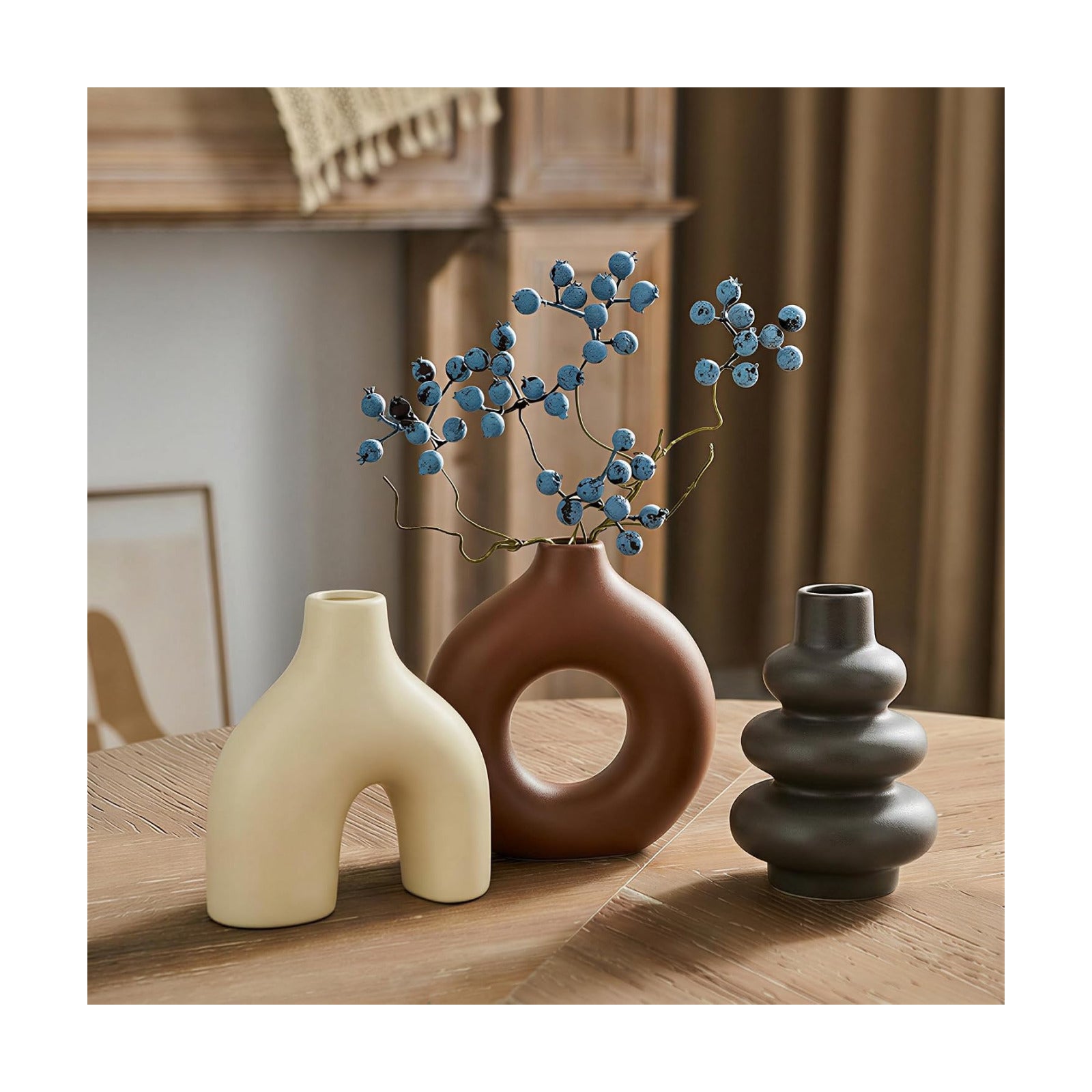 Modern Ceramic Decorative Vase / Cream Matte and Brown / Set of 3