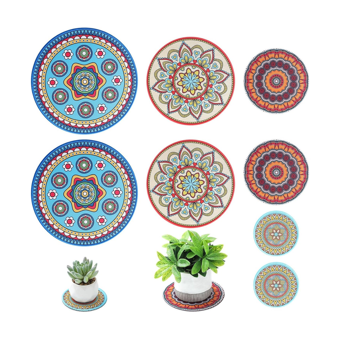 Boho Plant Pot Mat 4 Size 9.84" 7.87" 5.9" 3.94" Rubber Absorbent Non Slip Pot House / Set of 8