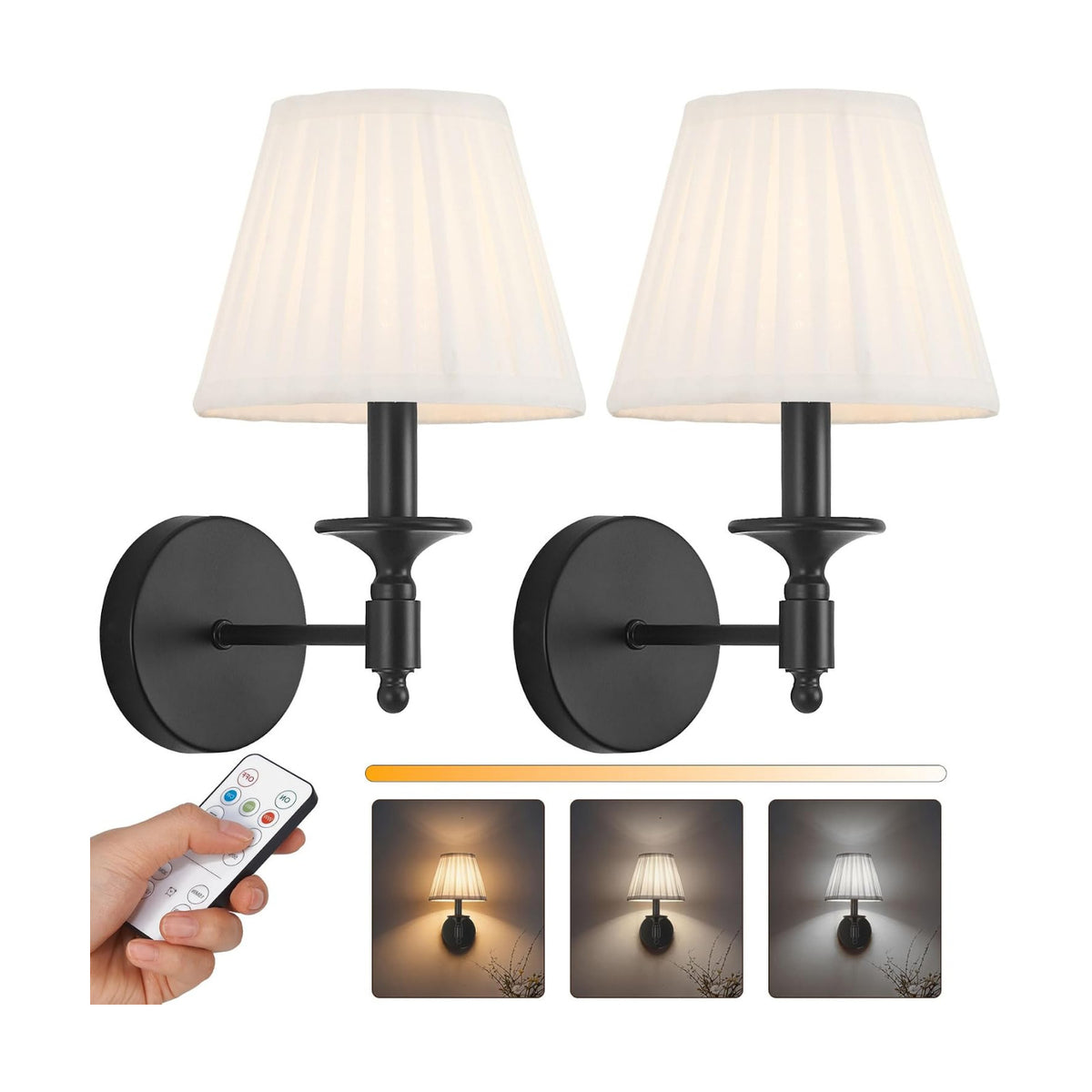 Battery Operated Wall Sconces Set of 2, Black Wireless Wall Lights with 8000mAh 3 CCT Color Temperature & Dimmable