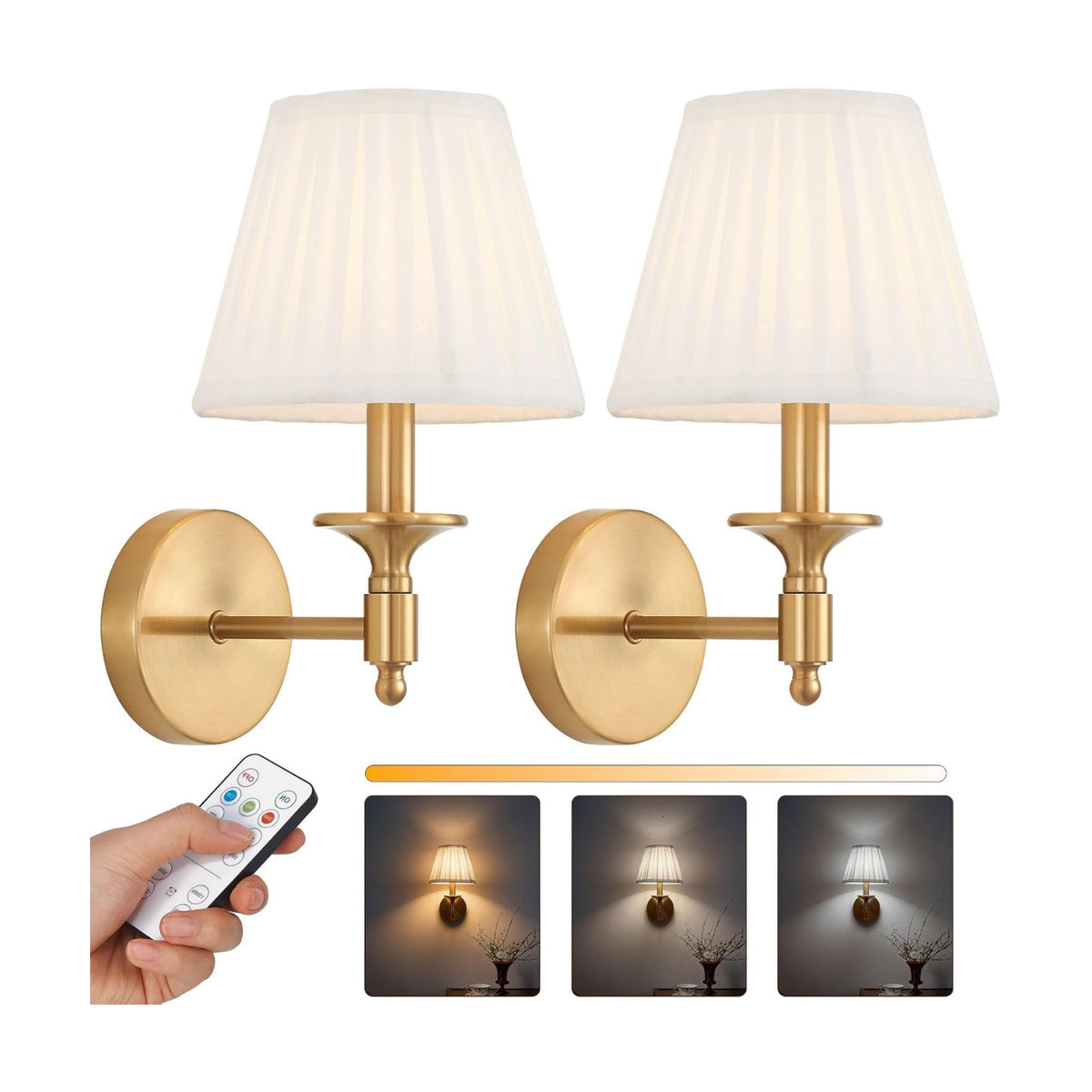 Battery Operated Wall Sconce Set of 2, Gold Wireless Wall Lights with 3 CCT Color Temperature & Dimmable Magnetic Bulb
