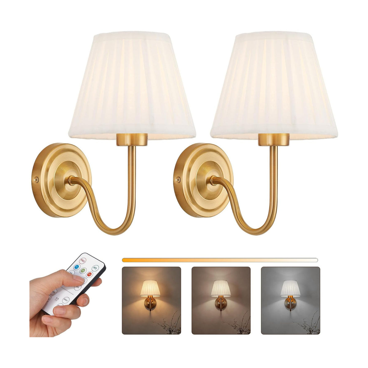 Gold Wireless Wall Sconce Set of 2, Battery Operated Wall Lights with Remote Control & 3 CCT Color Temperature Dimmable