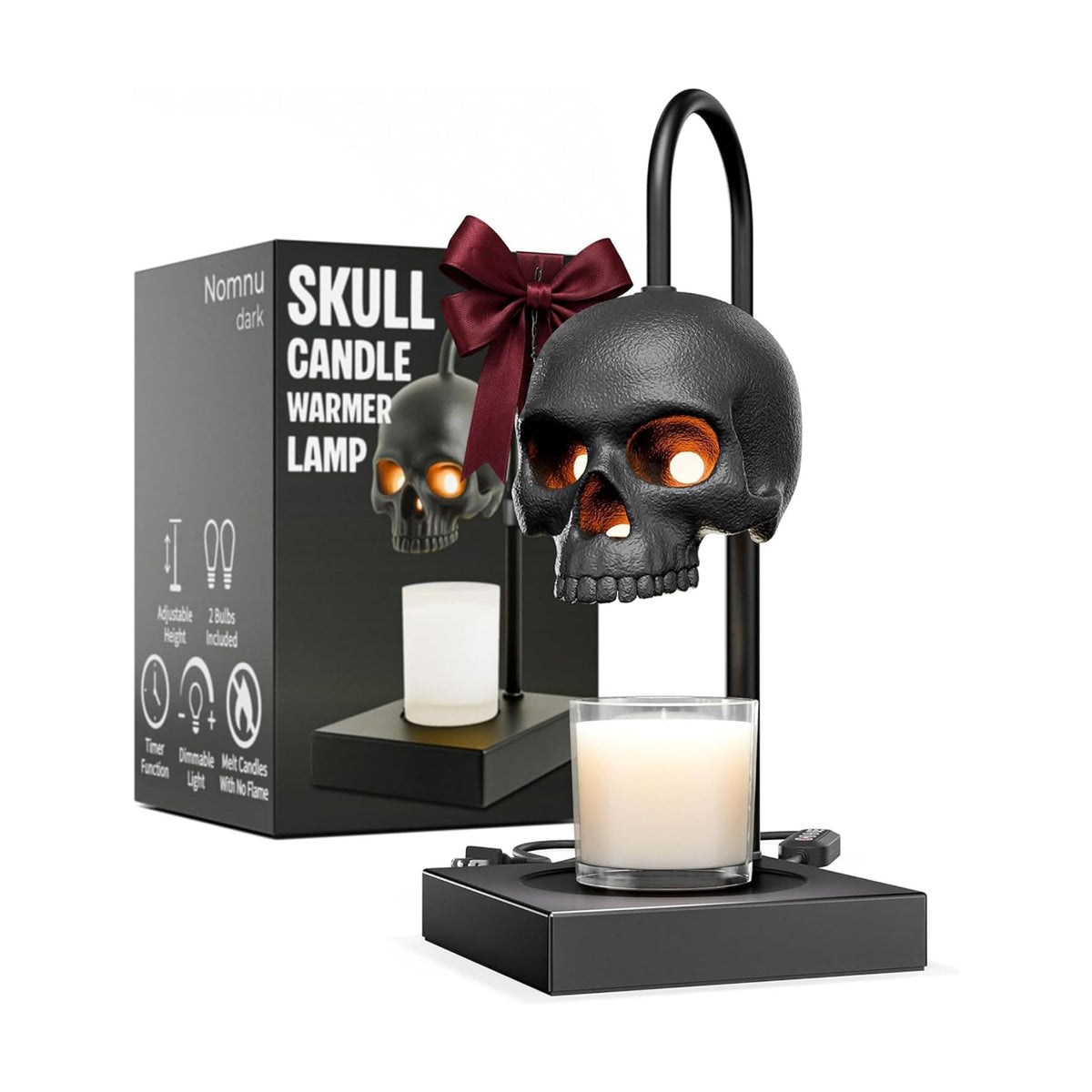 Nomnu Skull Candle Warmer Lamp, Black Spooky Gothic Decor w/Timer & Dimmer