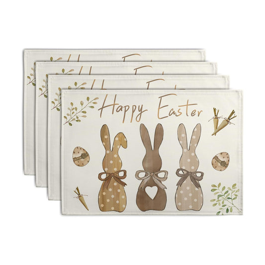 Happy Easter Bunny Placemats Set of 4 Easter Rabbit Egg Carrots Linen Fabric Table Mats Spring Seasonal Rustic Holiday Washable Place Mats for Party Kitchen Dining Indoor Decor 12x18 Inch