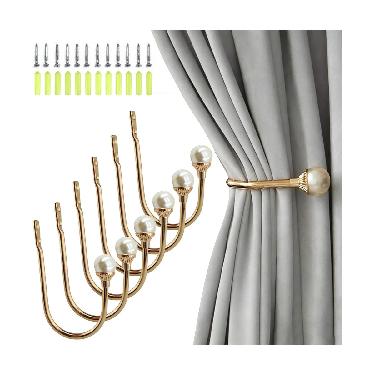 COCIVIVRE 6 Pack Curtain Holdbacks Wall Mounted Curtain Tiebacks Hooks Plastic Pearl U Shape Curtain Tiebacks with