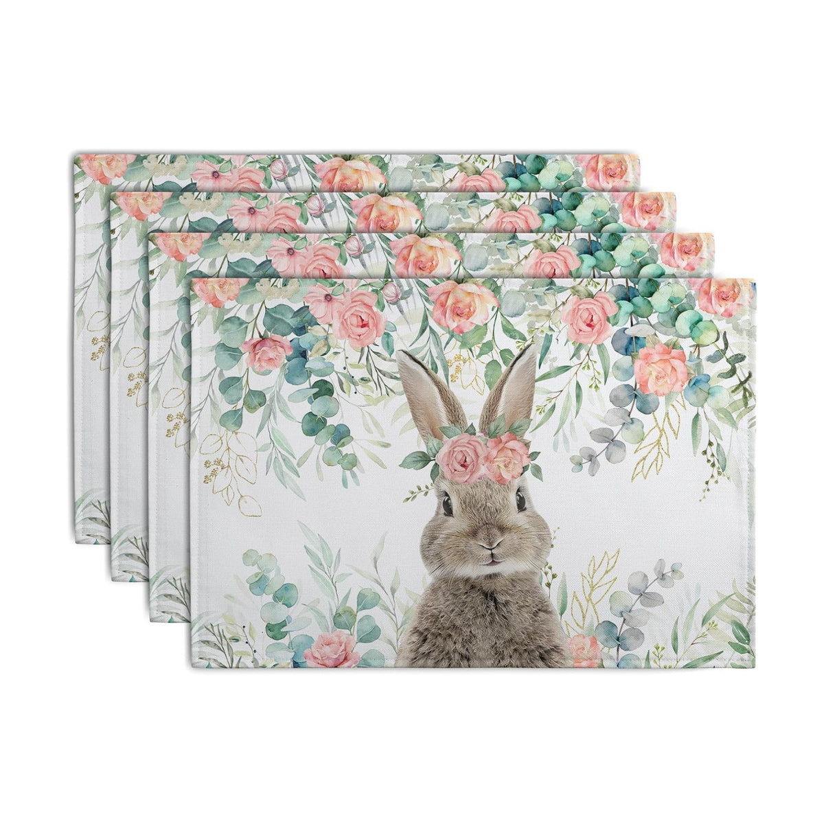 Easter Bunny Placemats Set of 4 Eucalyptus Leaves Rabbit Rose Place Mats 12x18 Inch Spring Seasonal Vintage Farmhouse Heat Resistant Washable Table Mats for Party Kitchen Dining