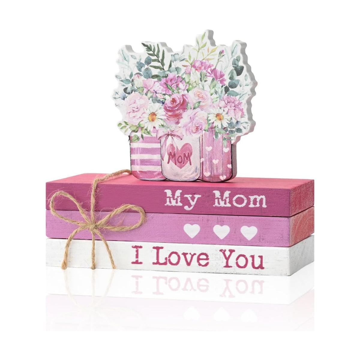 Smile 4pcs Mother's day Indoor Decorations Wooden Decor Table Centerpiece Love My Mom Wooden Plaque Ornaments for Home Kitchen