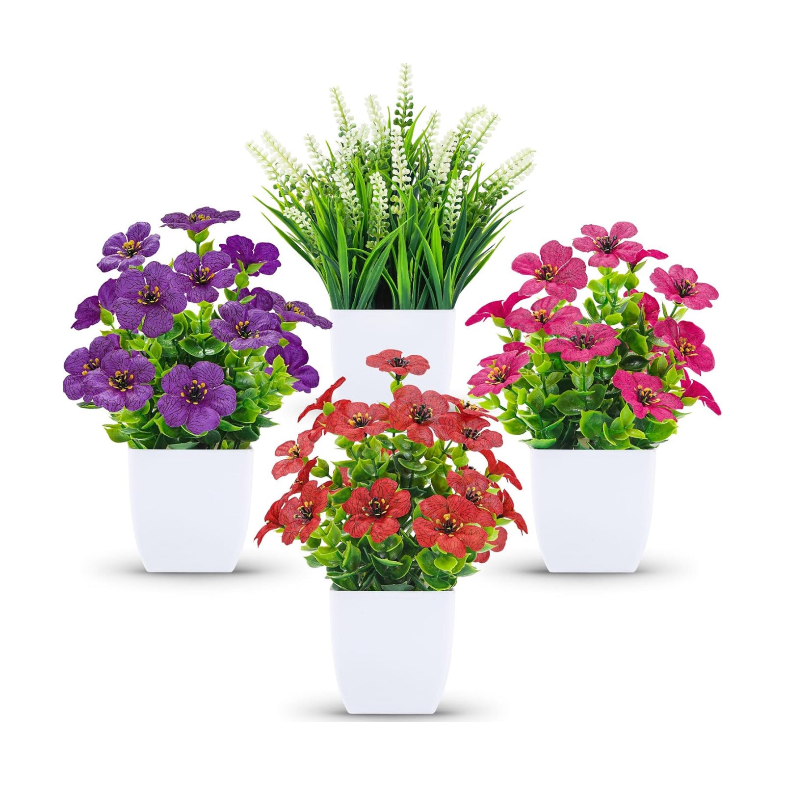 Der Rose 4 Pack Small Artificial Flowers in White Pots, Spring Home Decor
