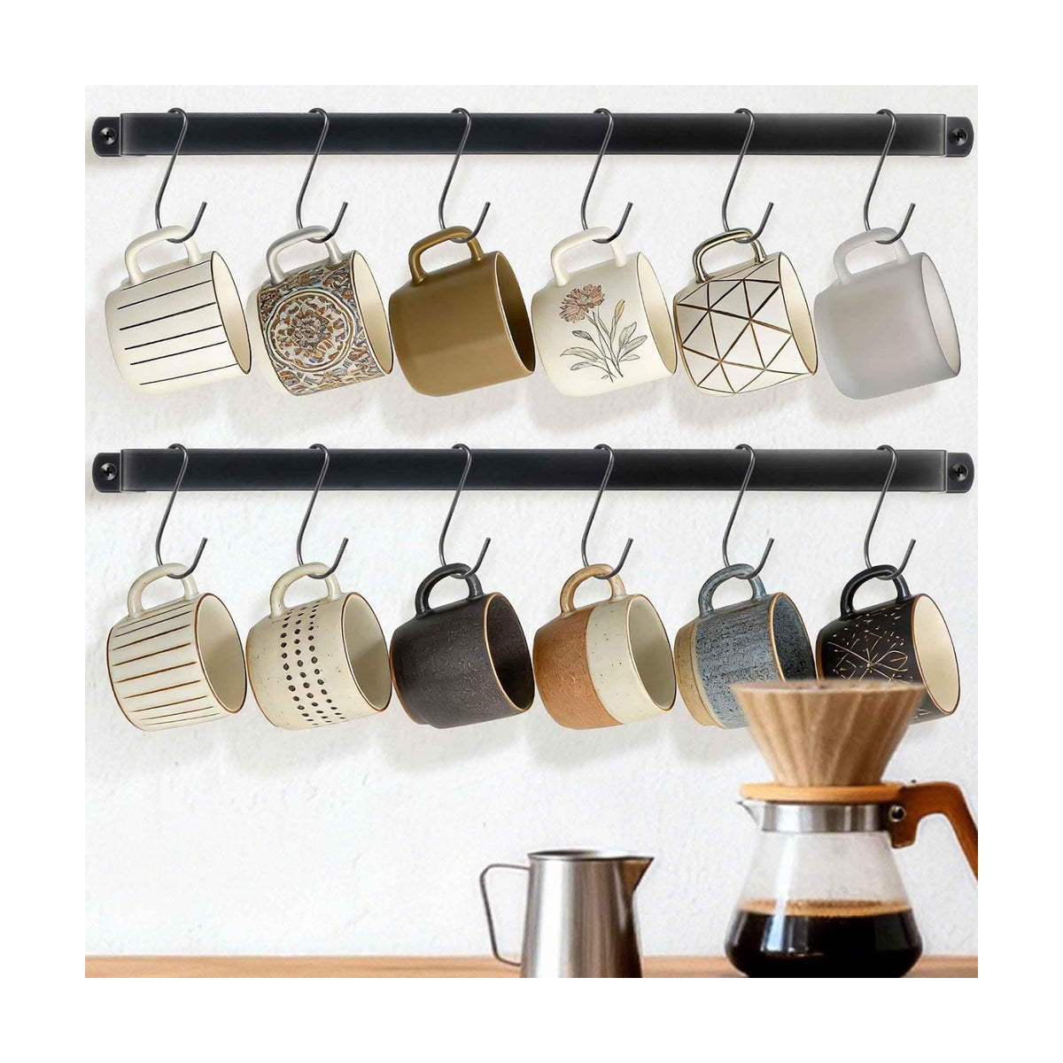 17 inch Coffee Mug Rack - 2 Pack wall mounted cup rack for Cafe Bar Decor | 12 Tea Cup Display, 5-Min Setup, Complete
