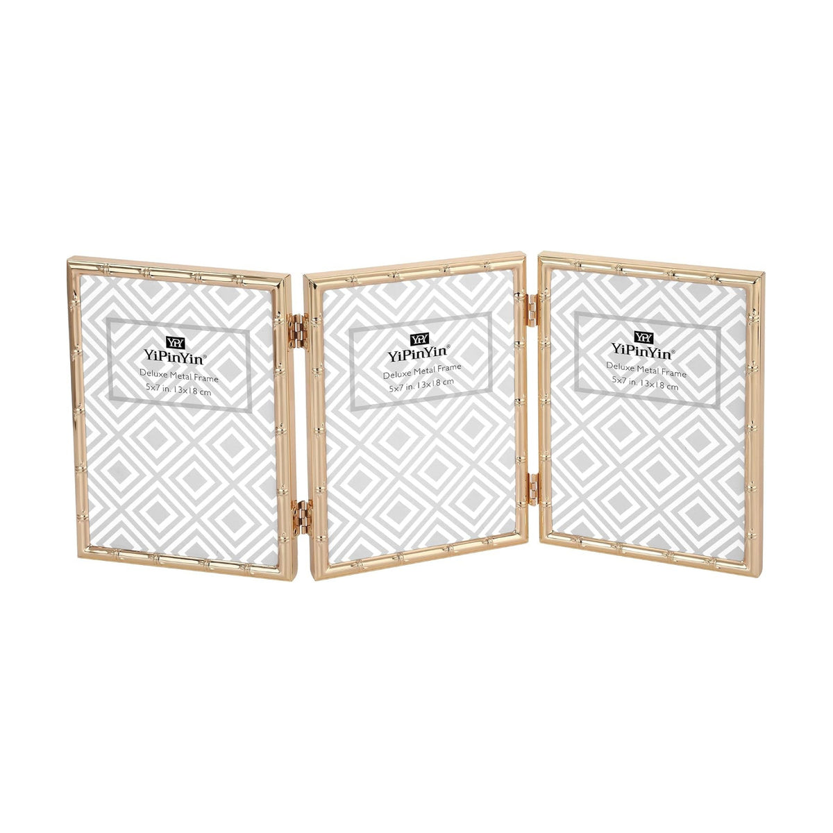 YiPinYin Dark Gold 5x7'' Bamboo Detail Designs Hinged Triple Metal Picture Frame,Elegant Gold Plated Wedding Photo