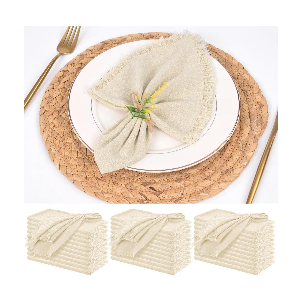 Pesonlook 30 PCS Cotton Linen Napkins with Fringe,16x16Inch, Natural Linen | Handmade Napkins Cloths, Tassel Design