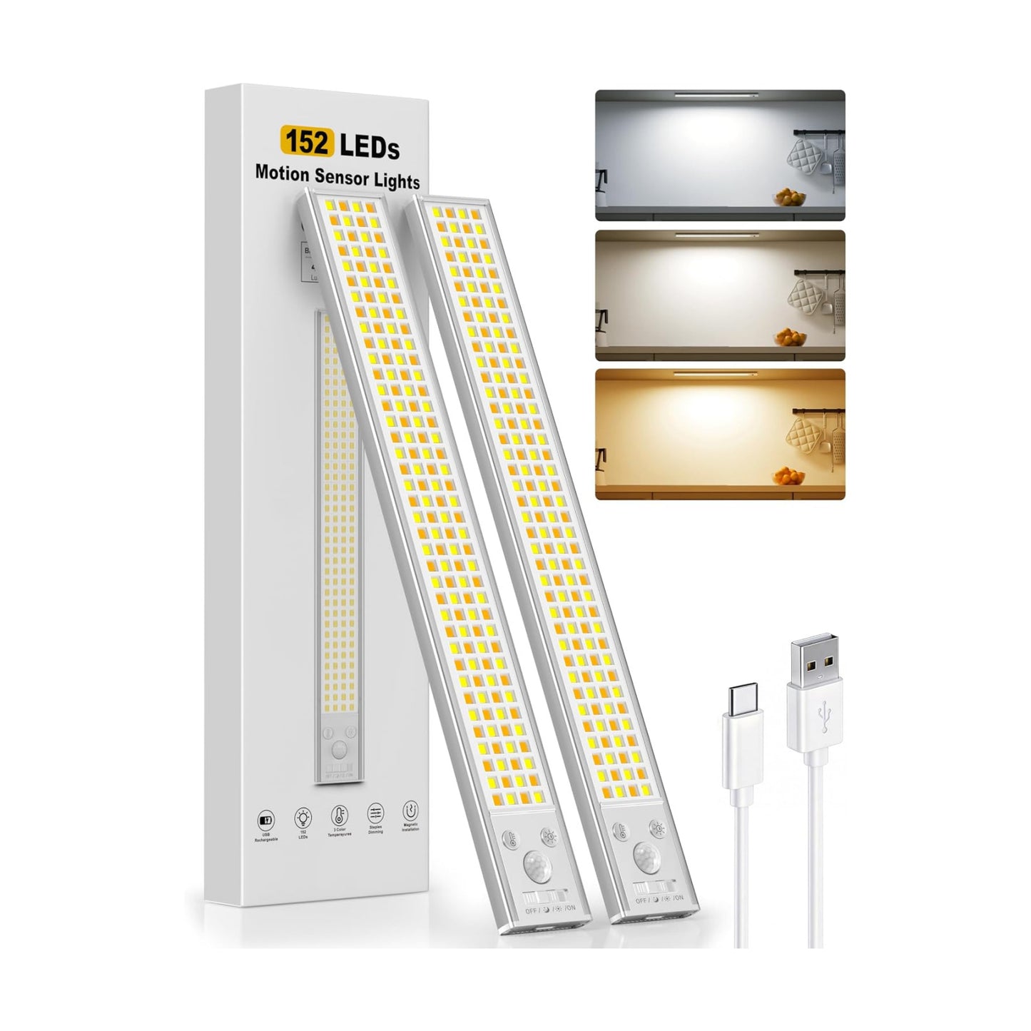 12inch Under Cabinet Lighting, 152LED Motion Sensor Light Indoor, USB Rechargeable Closet Lights, 3 Color Temps