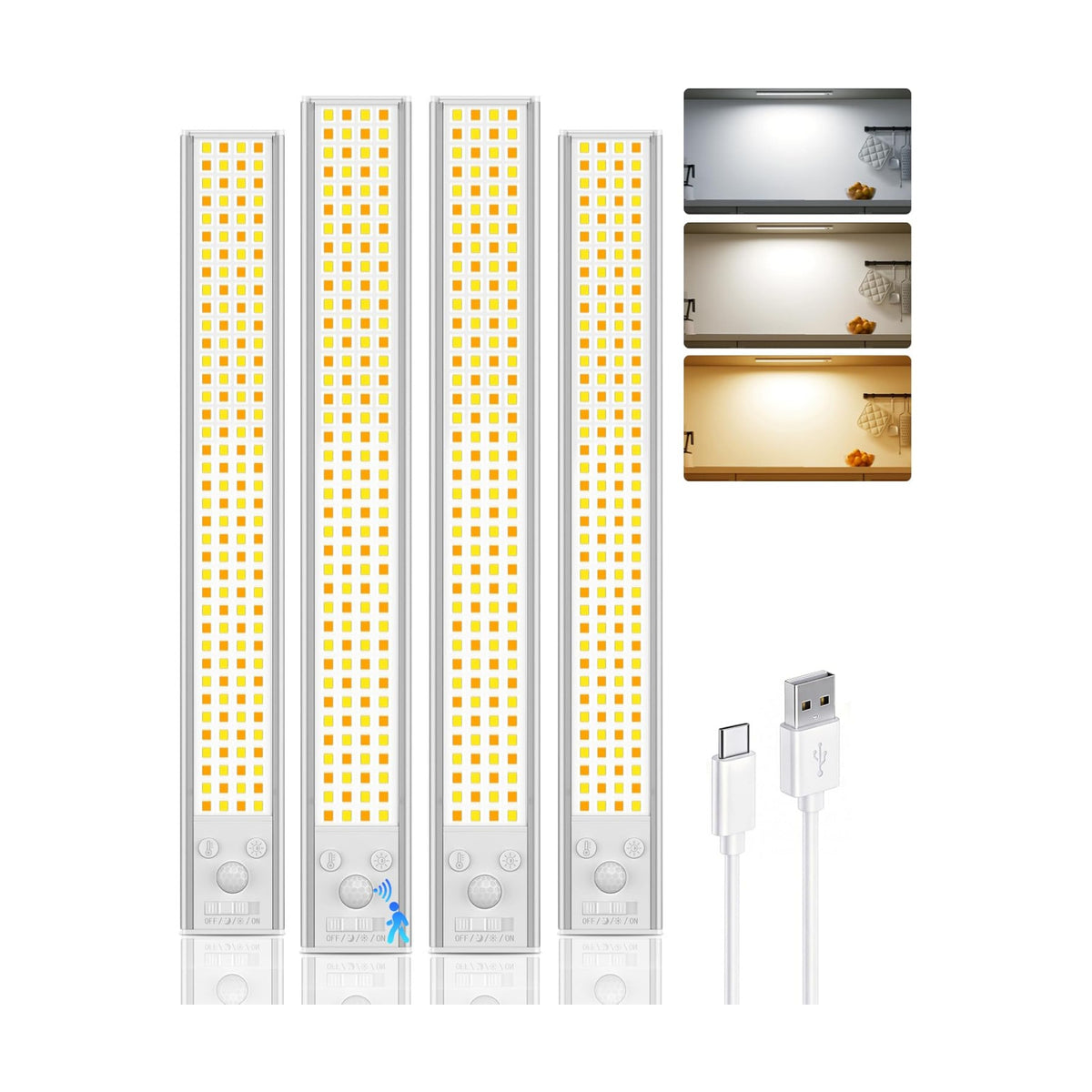 12inch Under Cabinet Lighting, 152LED Motion Sensor Light Indoor, USB Rechargeable Closet Lights, 3 Color Temps