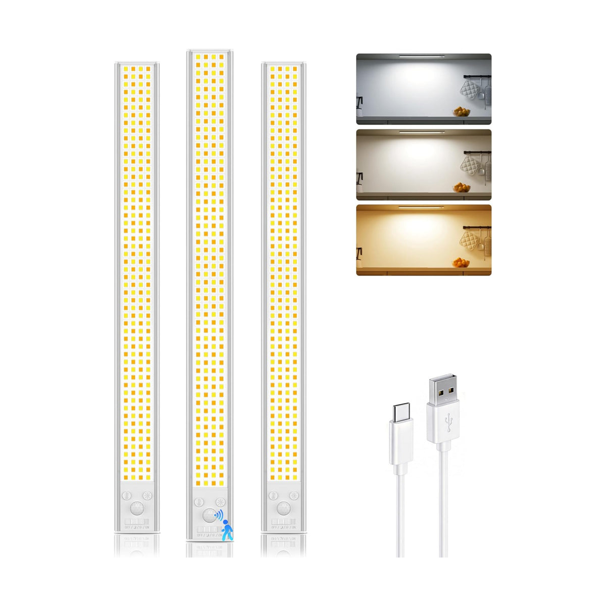 16inch Under Cabinet Lighting Wireless 3 Pack 4500mAh Motion Sensor Light | 600LM Bright Under Counter Closet Lights