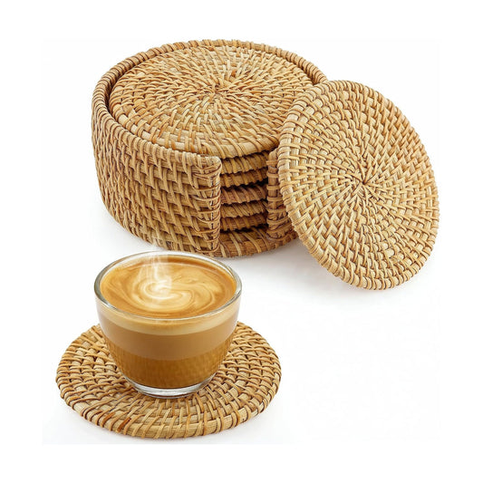 Handmade Rattan Coasters for Drinks & Holder • Natural Round Woven / Natural Honey / Set of 6