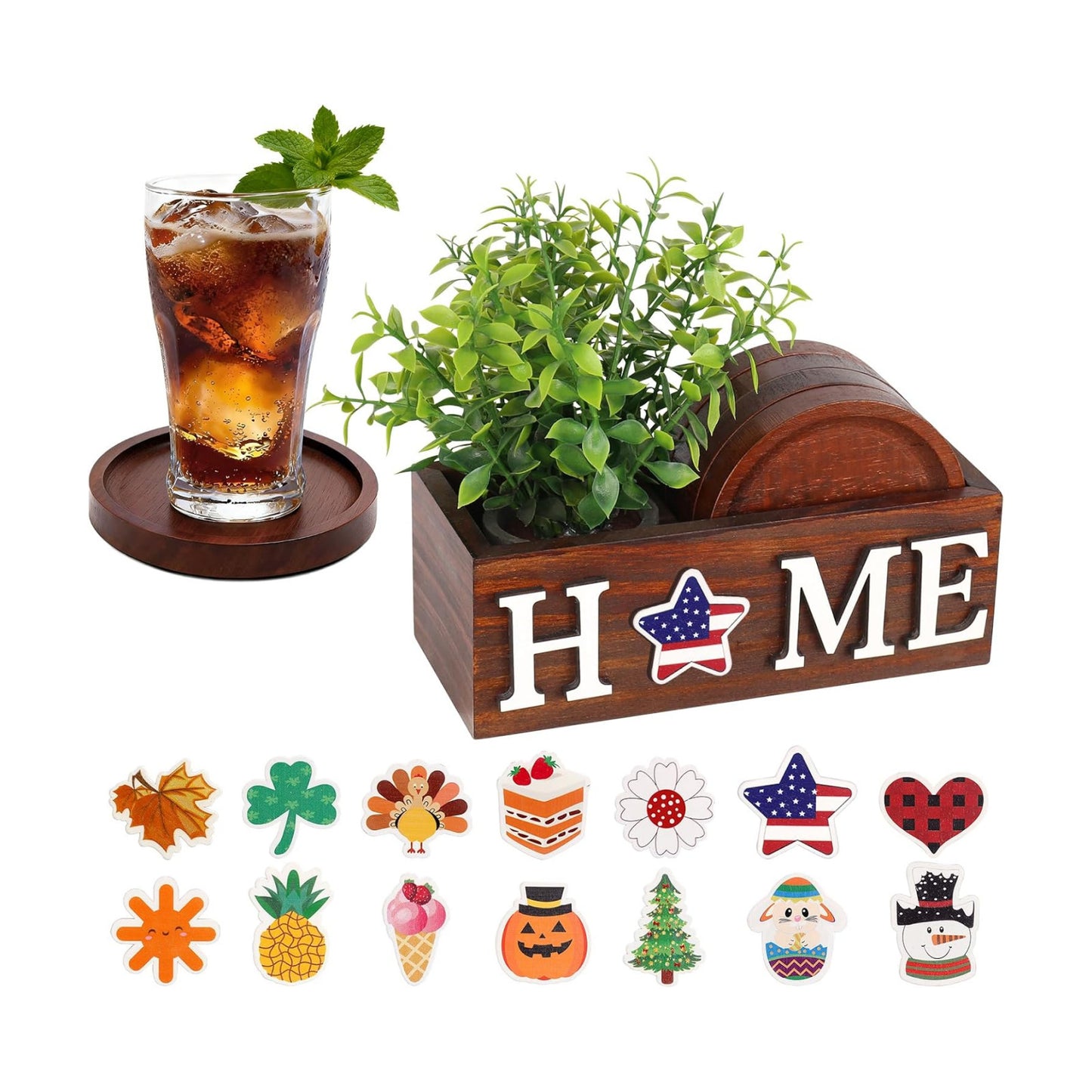 Interchangeable Home Sign Plants Potted Wooden Coaster Set / Green / Set of 4