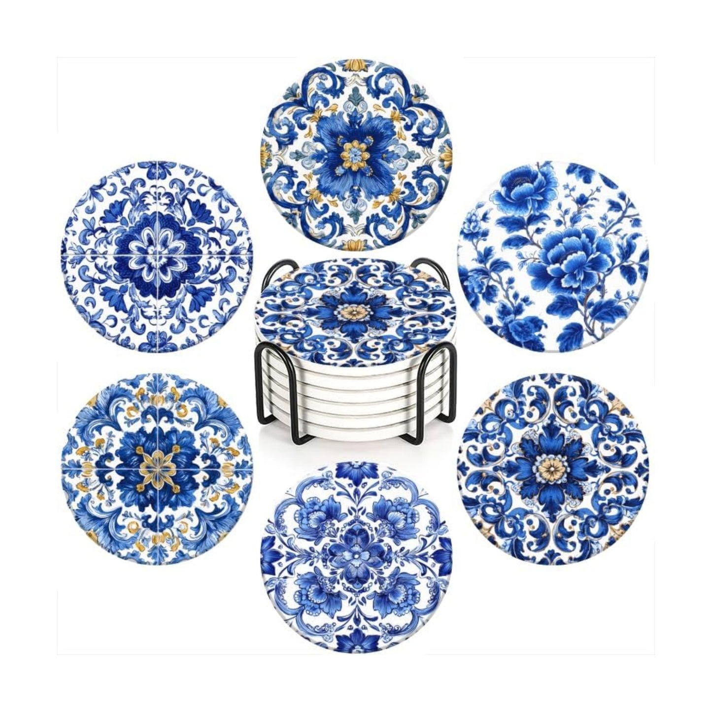 Holder and White Porcelain Coasters / 4in/10cm / Color-3 / Blue / Set of 6