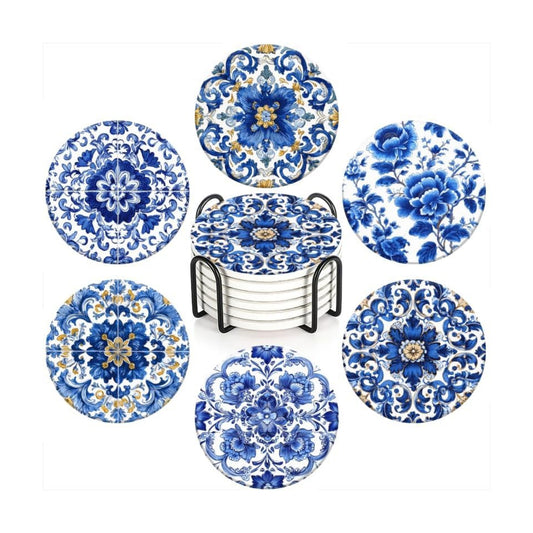 Holder and White Porcelain Coasters / 4in/10cm / Color-3 / Blue / Set of 6