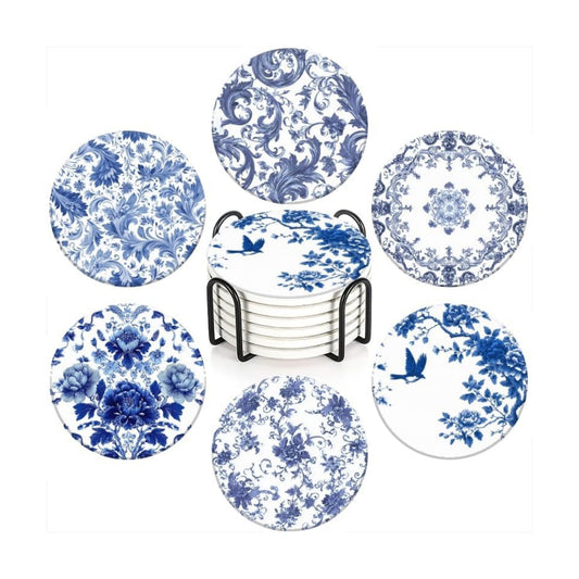 Holder / Bule and Coasters Cork Bases Ceramic Coasters / 4in/10cm / Color-2 / White / Set of 6