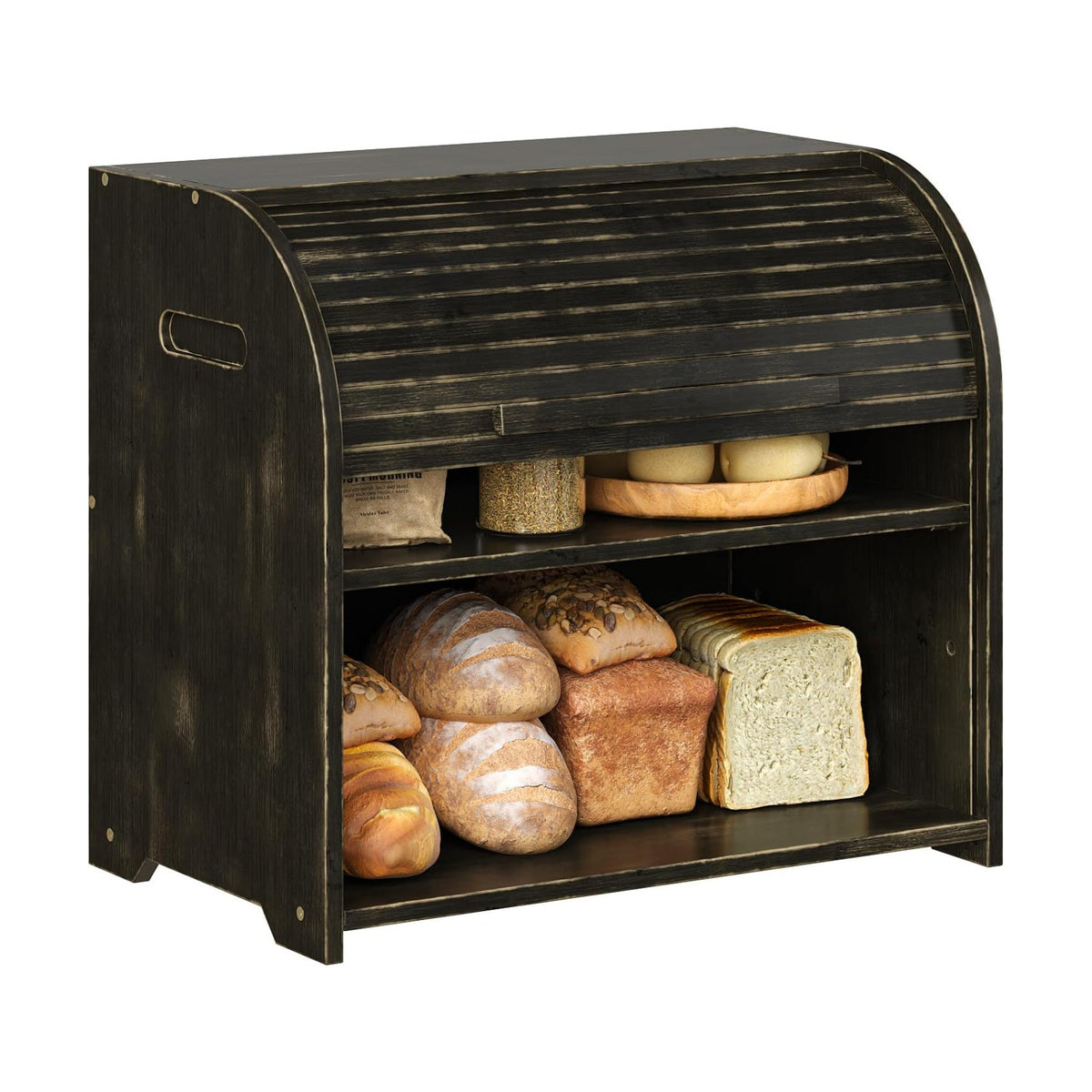 Trironsun Bamboo Roll Top Bread Box for Kitchen Countertop Large Capacity Bread Storage Bin 2 Layer Wooden Bread