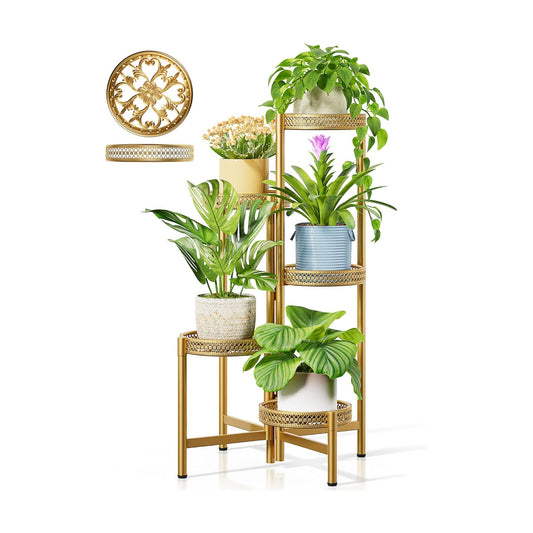 Gold Plant Stand Indoor Outdoor, Corner Metal Flower Pot Stands for Multiple Plants, 5 Tier Heavy Duty Plant Shelf for