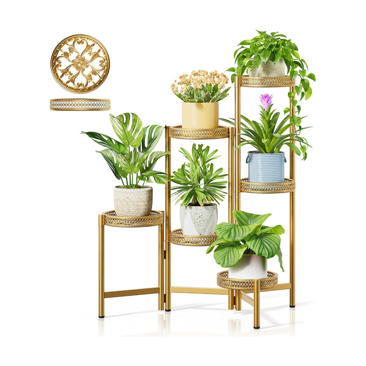6 Tiered Plant Stand Indoor for Multiple Large Planter, Tall Heavy Duty Adjustable Folding Rack with Rustproof 7.9 Inch