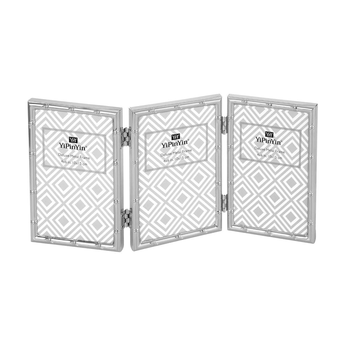 YiPinYin Elegant Silver Plated 4x6'' Hinged Triple Metal Picture Frame,Bamboo Detail Designs,with Real Glass & Soft
