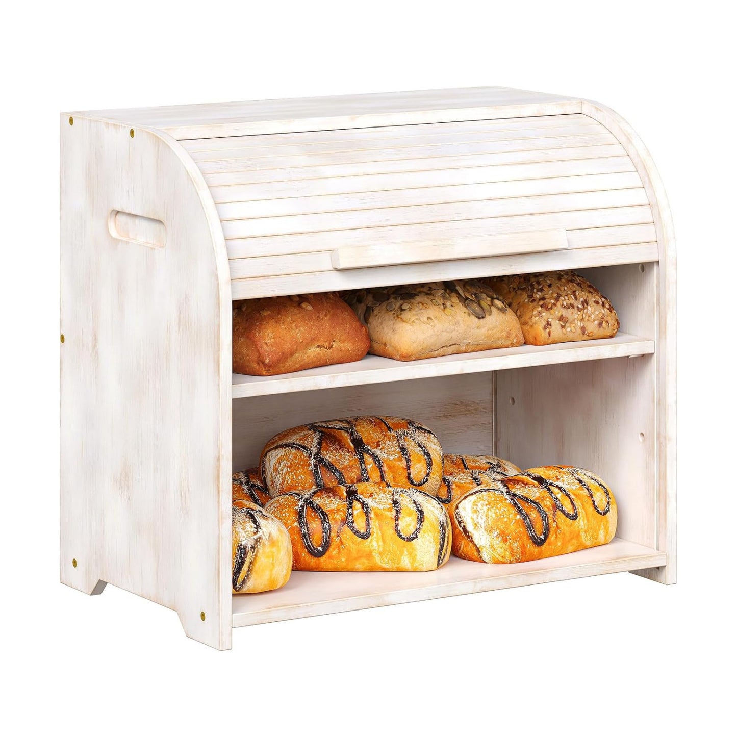 Trironsun Bamboo Roll Top Bread Box for Kitchen Countertop Large Capacity Bread Storage Bin 2 Layer Wooden Bread