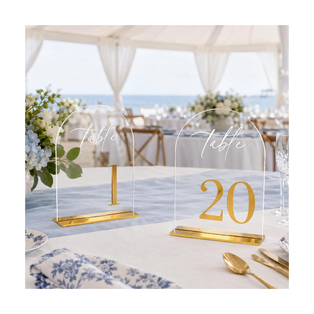 Wedding Table Numbers 1-20, Reception, 5.5" x 7" Clear Acrylic Arch Signs | Raised 3D gold numbers bring a refined