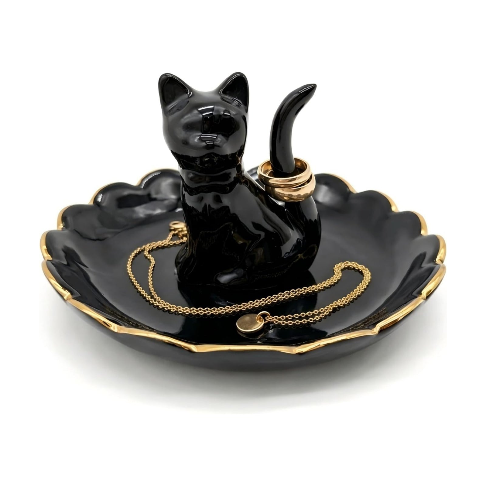 Cat Ring Holder Trinket Tray Ceramic Jewelry Dish Porcelain Ring Organizer / Bowtie Cat Black
