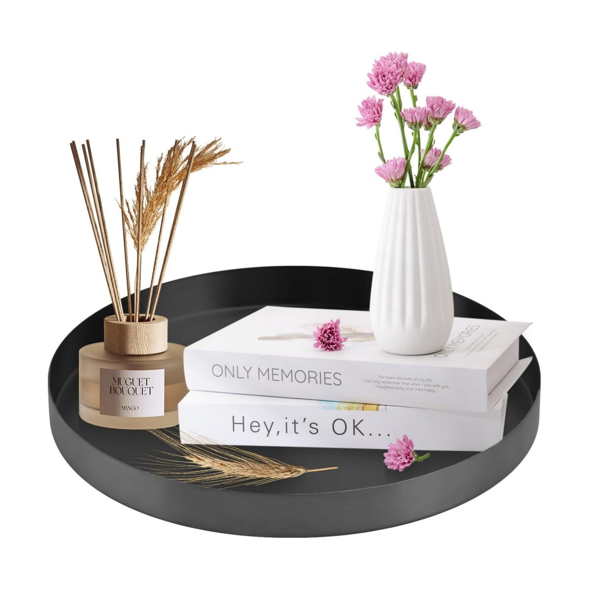 Black Round Decorative Serving Tray,12 Inch Metal Platter for Coffee Table Centerpiece, Circle Tray Counter and Dining Table Decor