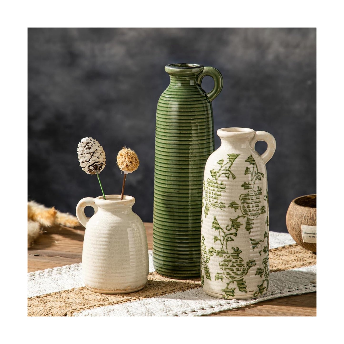 Ceramic Vases / Farmhouse Country Flower Vase Home Decor / Green Flower / Set of 3