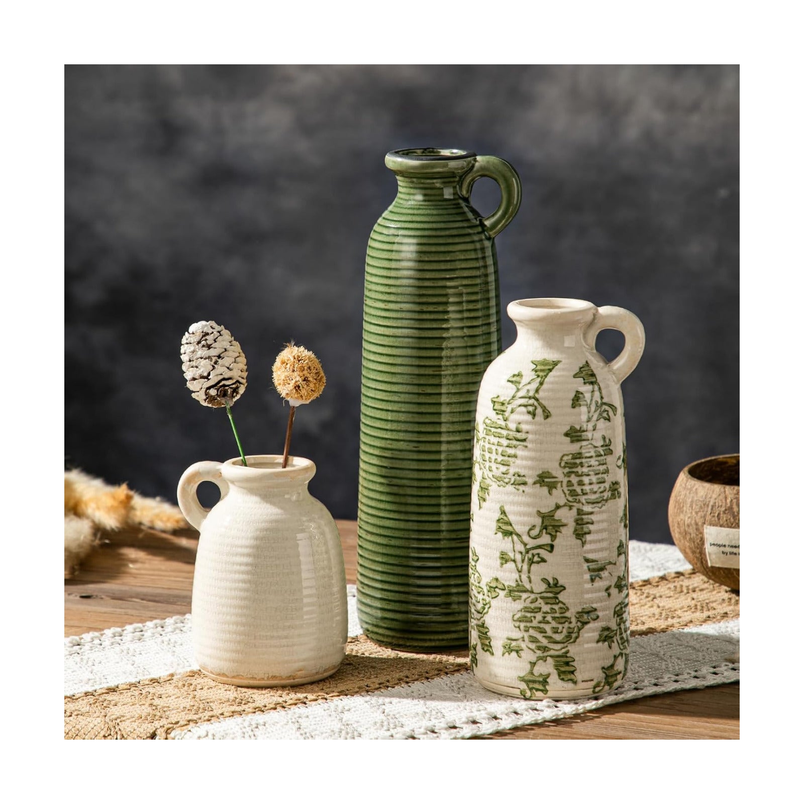 Ceramic Vases / Farmhouse Country Flower Vase Home Decor / Green Flower / Set of 3