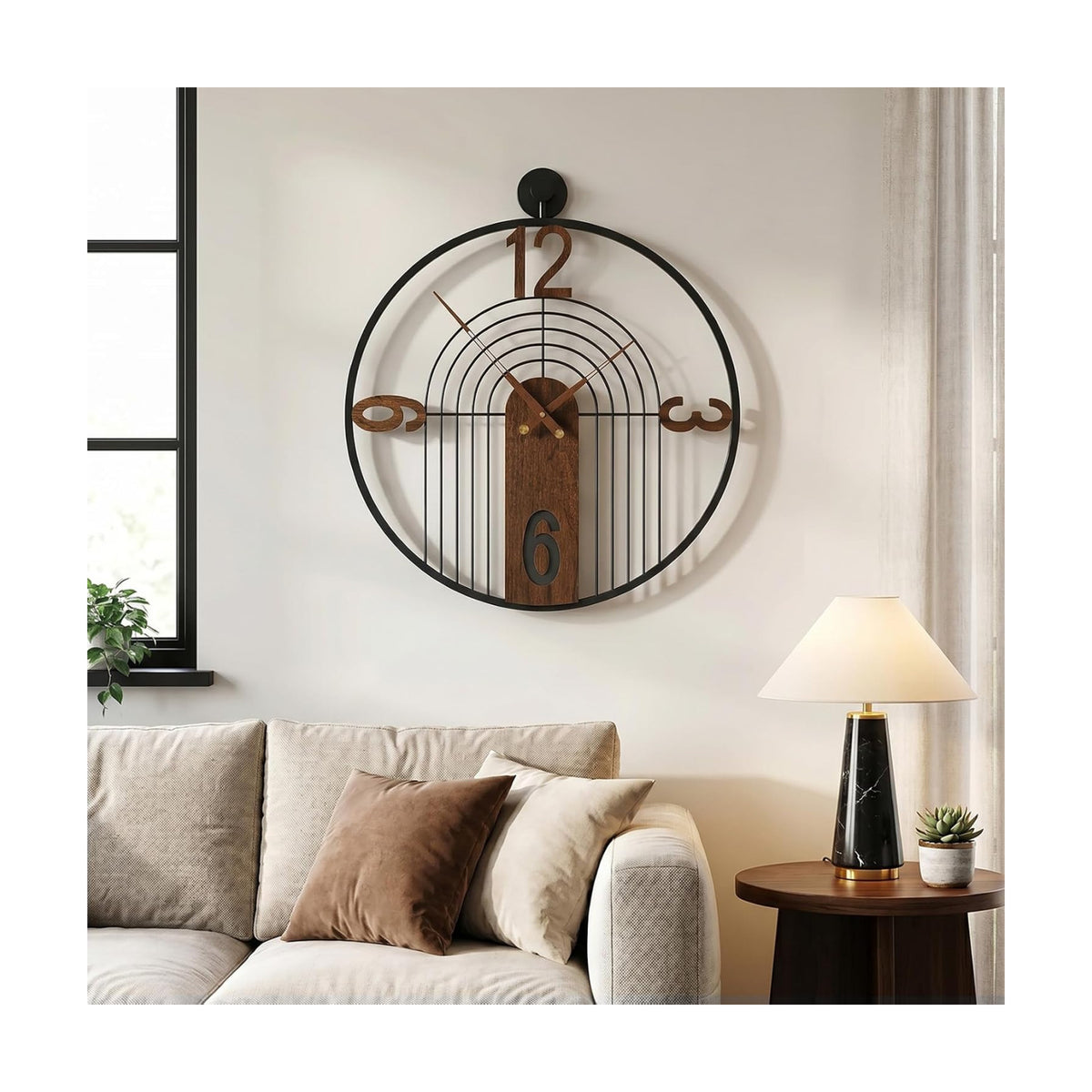 Cuspin 24 Inch Large Wall Clock Modern Black Metal Clock with Walnut Dial | Battery operated, Silent non ticking