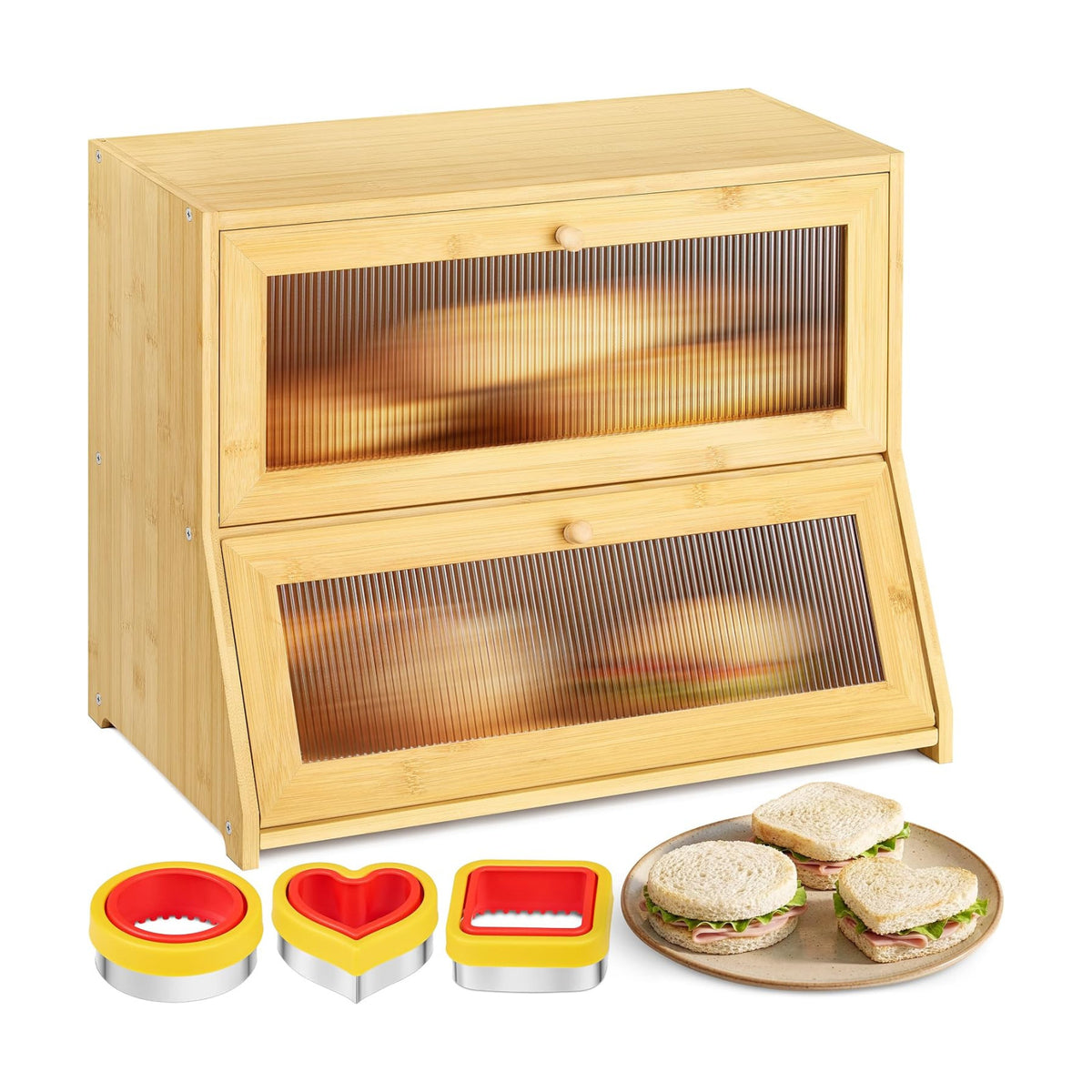 Large Bread Box for Kitchen Countertop - Bamboo Wooden Bread Box, Vintage Breadbox Countertop Cabinet, Double-Layer XL