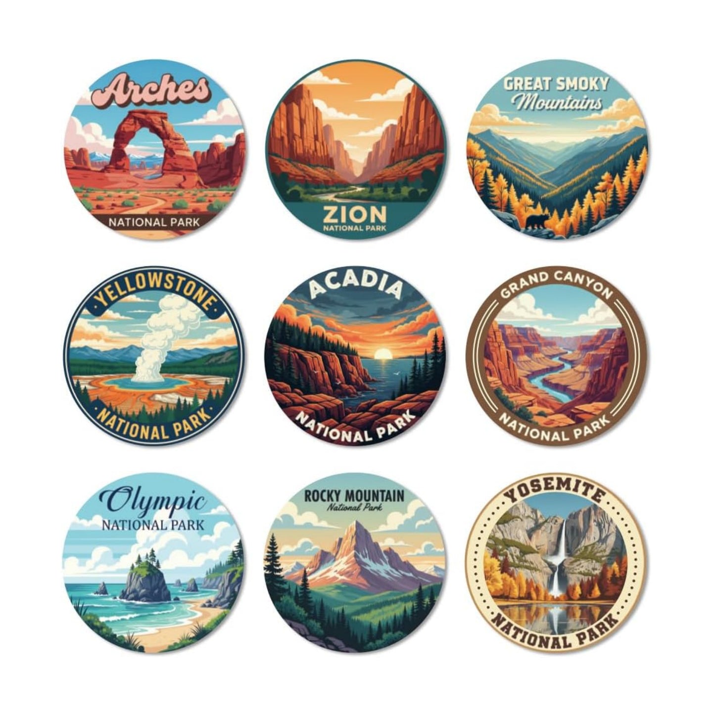 Coasters Pattern Colorful Wooden Coasters Bulk Round Housewarming Gift / National Park / Set of 9