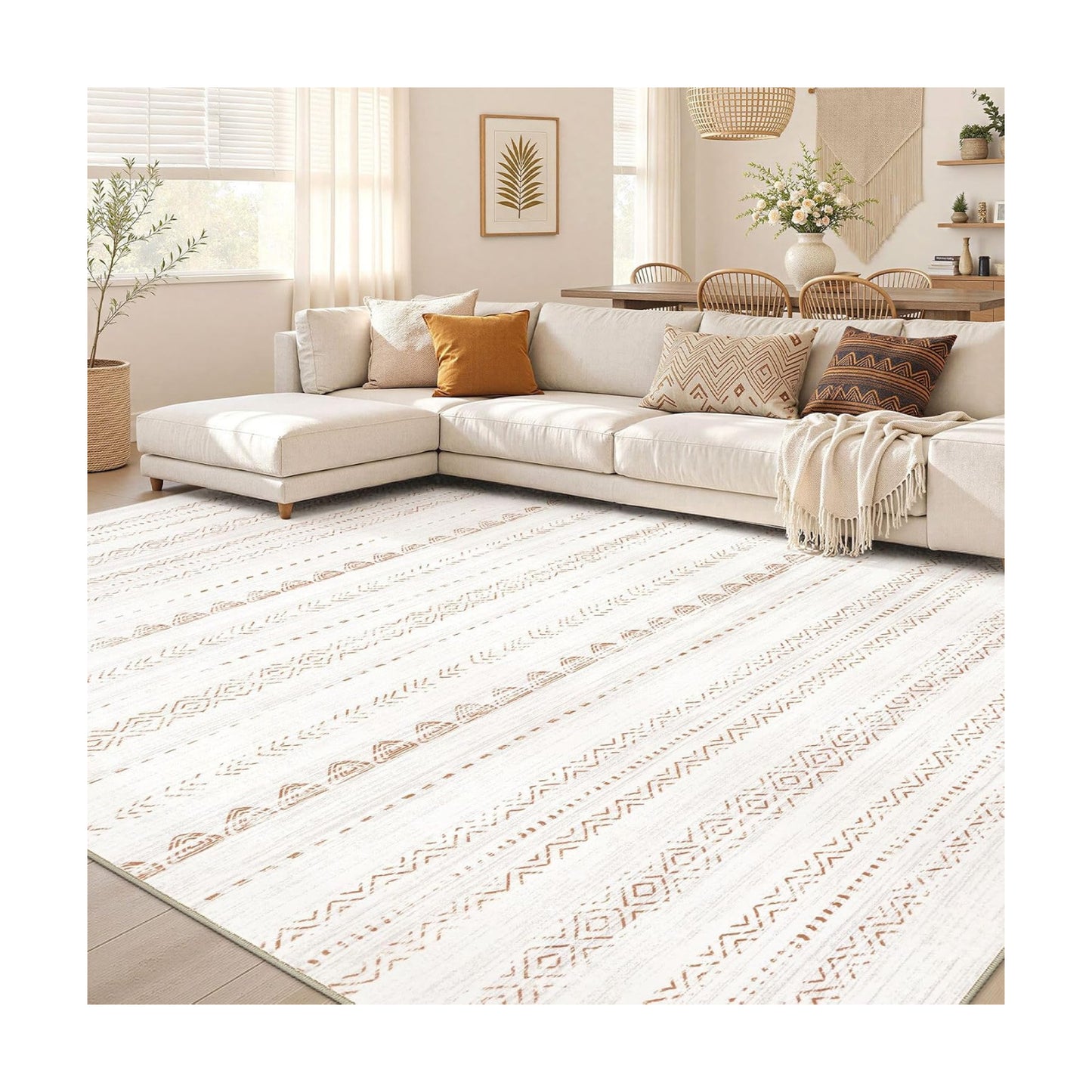 Nakagishi Area Rug Living Room Rugs: 8x11 Large Soft Machine Washable Boho Moroccan FarmNeutral Stain Resistant Indoor