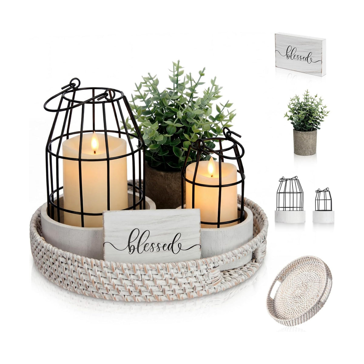 Modern Rustic Farmhouse Candle Lantern Set of 5, Small, Black, White | Decorative Lanterns Centerpieces with Tray for