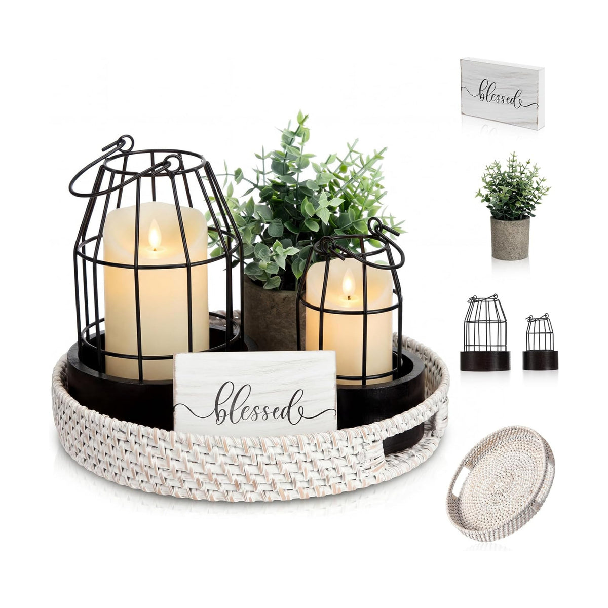 Modern Rustic Farmhouse Candle Lantern Set of 5, Small, Black, Brown | Decorative Lanterns Centerpieces with Tray for